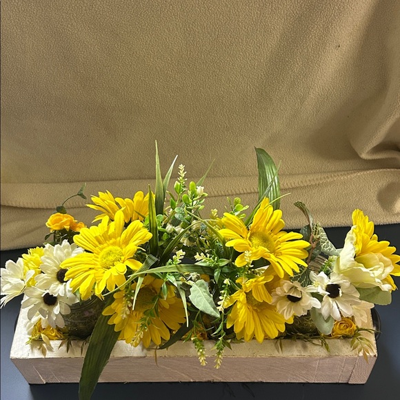 Yellow and White Floral Arrangement in Wooden Box - Picture 3 of 4